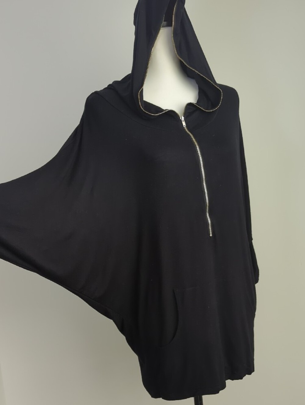 Love Culture Lightweight Black Oversized Hooded Batwing Half-Zip Tunic LARGE